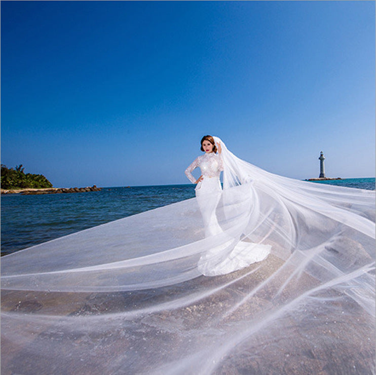 3m Cathedral Length Simple Bridal Veil with Comb | Soft Tulle Long Wedding Veil for Bride (Off-White / White)