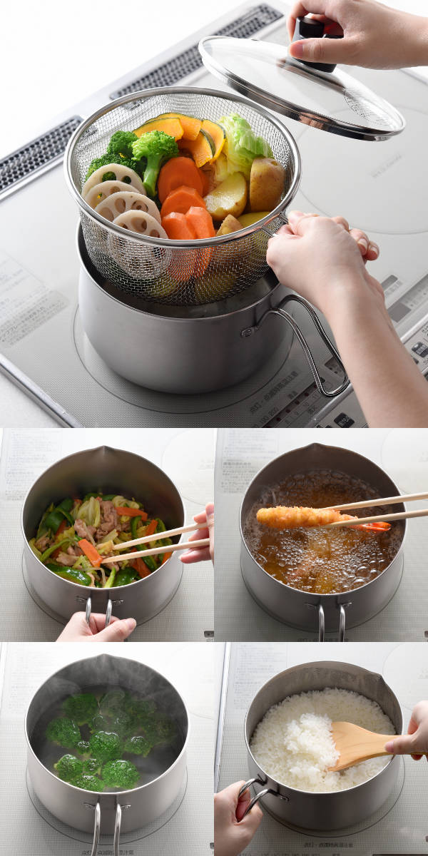 [Tsubame-Sanjo Craftsmanship] Ippin Monosou 18cm Stainless Steel 9-in-1 Multi-Pot Set | With Strainer & Glass Lid (IH & Gas Safe)