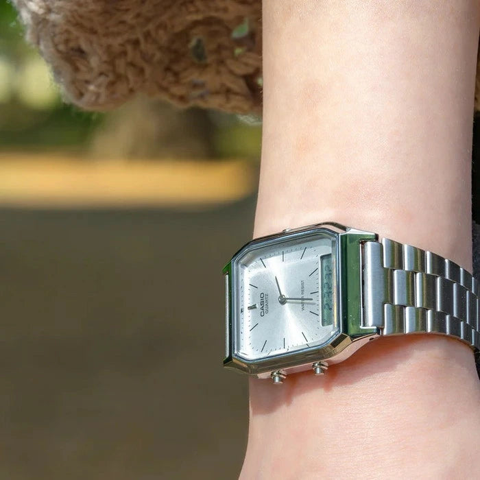 [Retro Revamped] CASIO AQ-230A Vintage Analog-Digital Metal Watch | Unisex Square Dress Watch