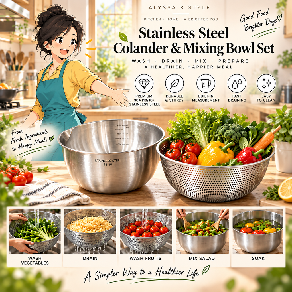 Stainless Steel Colander & Mixing Bowl Set | Wash · Soak · Drain · Toss