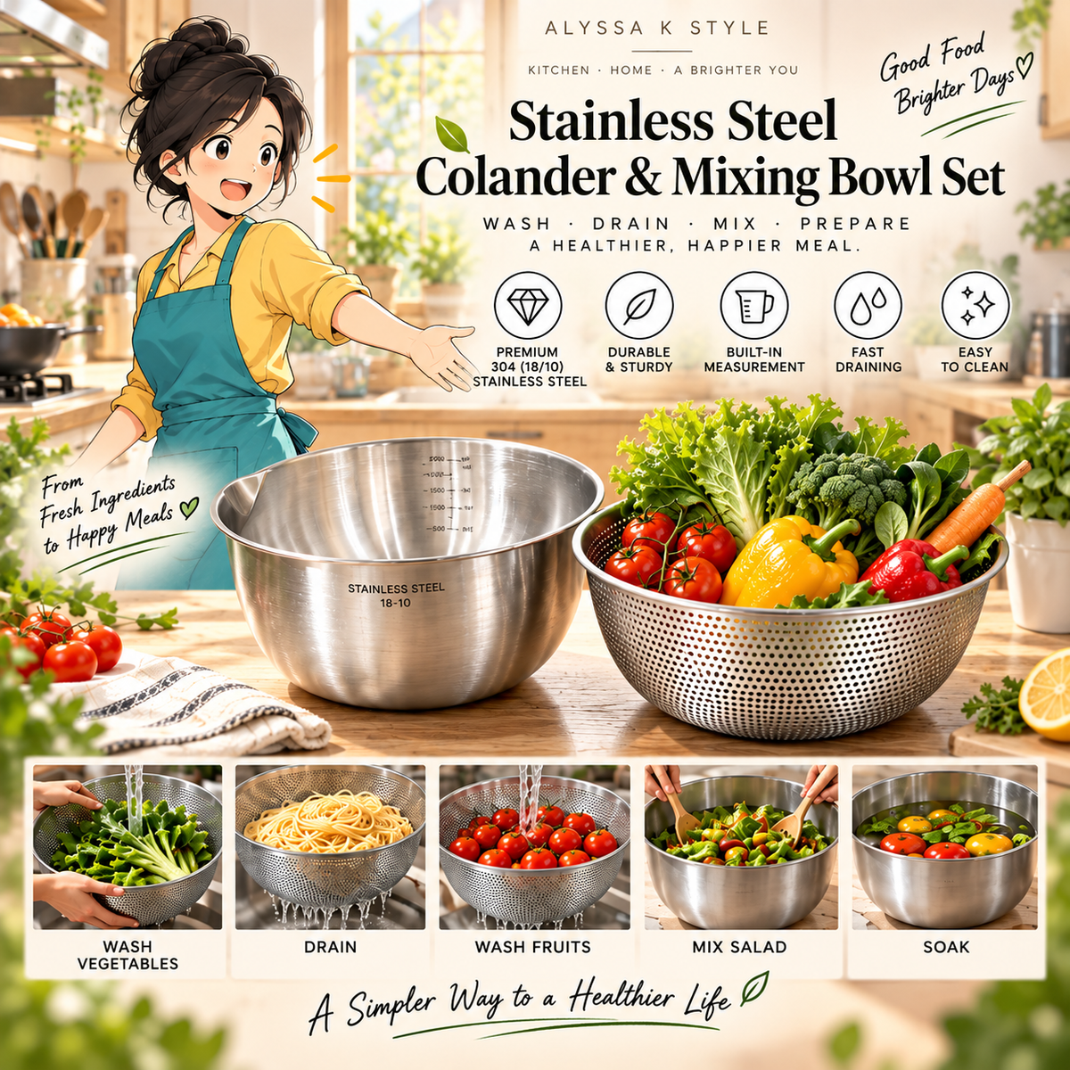 Stainless Steel Colander & Mixing Bowl Set | Wash · Soak · Drain · Toss