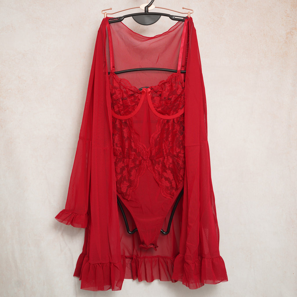 2Pcs Women Red Lace Bodysuit & Sheer Robe Set Underwire Lingerie Nightwear S-XL