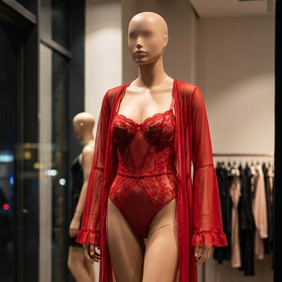 2Pcs Women Red Lace Bodysuit & Sheer Robe Set Underwire Lingerie Nightwear S-XL