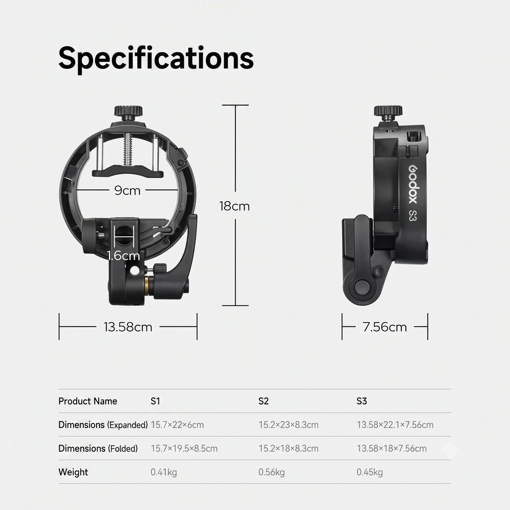 Godox S3 Speedlite S-Type Bracket | Bowens Mount Flash Adapter Holder for Speedlight & Pocket Flashes