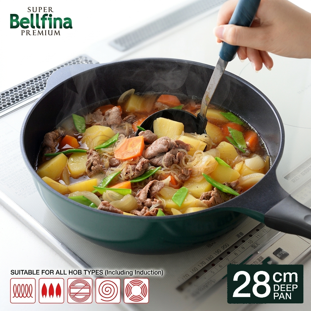 【極致輕量・萬次耐磨】日本 Super Bellfina Premium 28公分遠紅外線高蓄熱深型不沾炒鍋 (IH/直火通用)