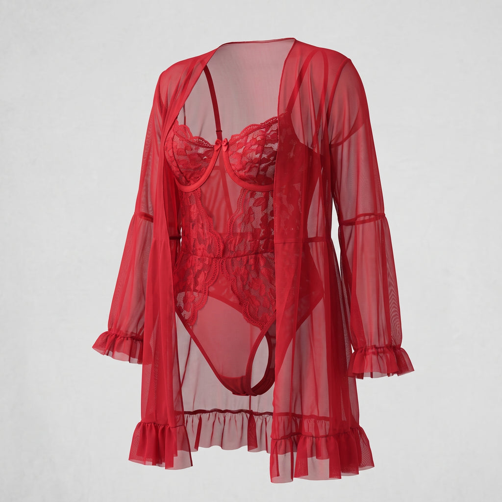 2Pcs Women Red Lace Bodysuit & Sheer Robe Set Underwire Lingerie Nightwear S-XL