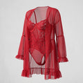 2Pcs Women Red Lace Bodysuit & Sheer Robe Set Underwire Lingerie Nightwear S-XL