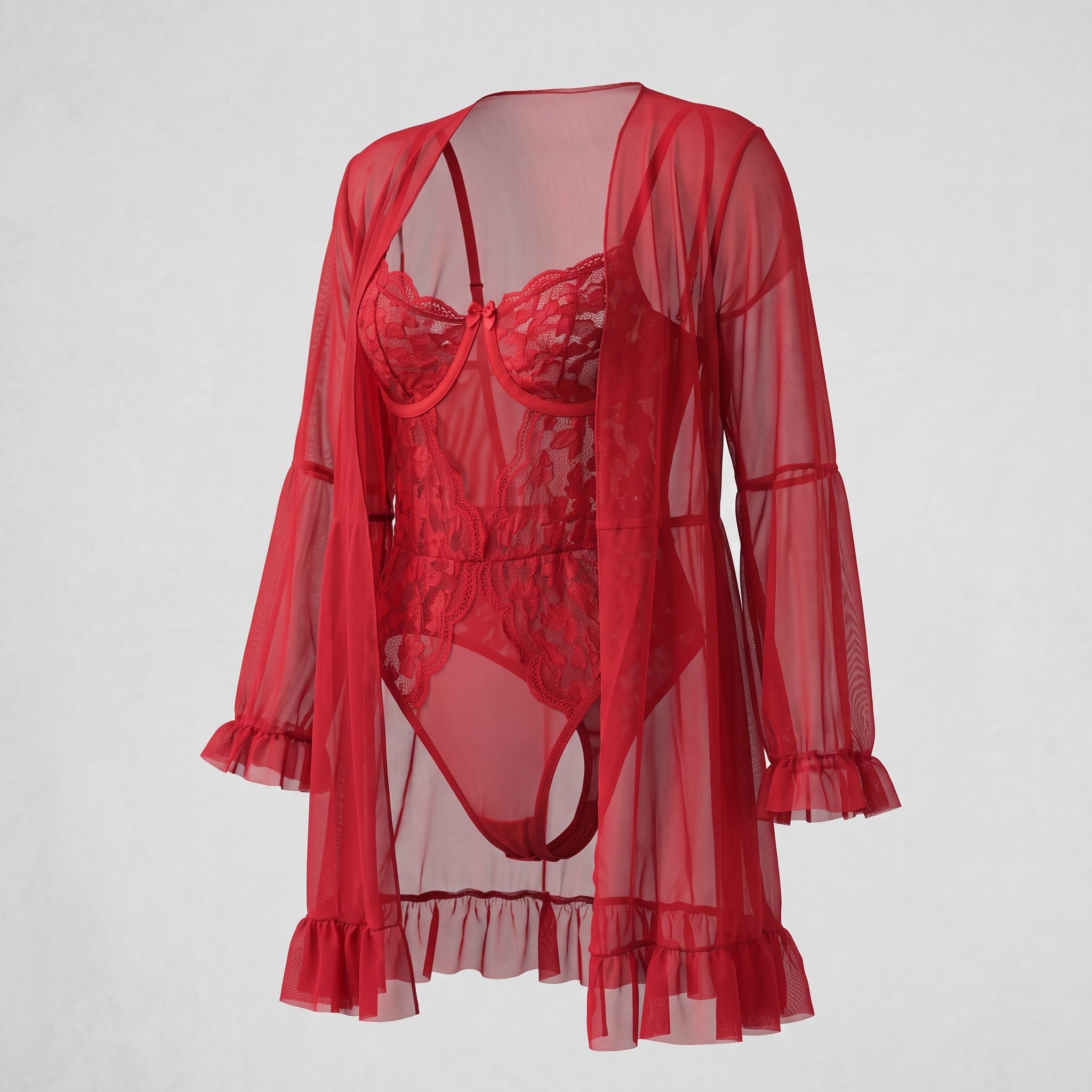 2Pcs Women Red Lace Bodysuit & Sheer Robe Set Underwire Lingerie Nightwear S-XL