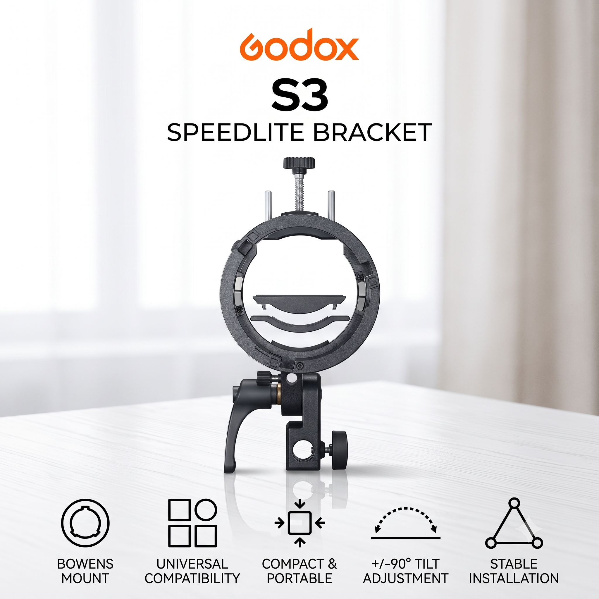 Godox S3 Speedlite S-Type Bracket | Bowens Mount Flash Adapter Holder for Speedlight & Pocket Flashes